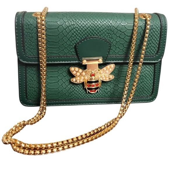 Retro bee embellished bag faux leather croc embossed green gold chain hi - Picture 1 of 15